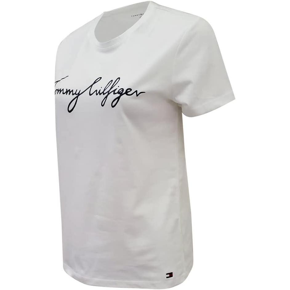 imageTommy Hilfiger Womens Striped Logo Graphic TShirtWhite Script Logo