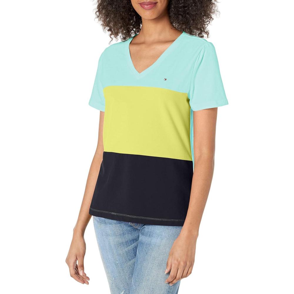 imageTommy Hilfiger Womens Tommy Hilfiger Womens Stripe VNeck Flag TeeDeep Maize Multi