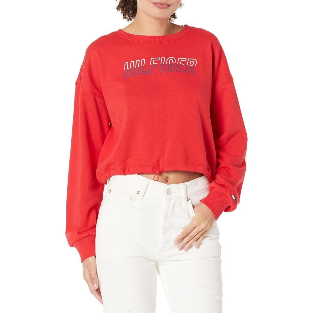 imageTommy Hilfiger Womens Two Tone Logo Crewneck Drawcord Hem SweatshirtScarlet