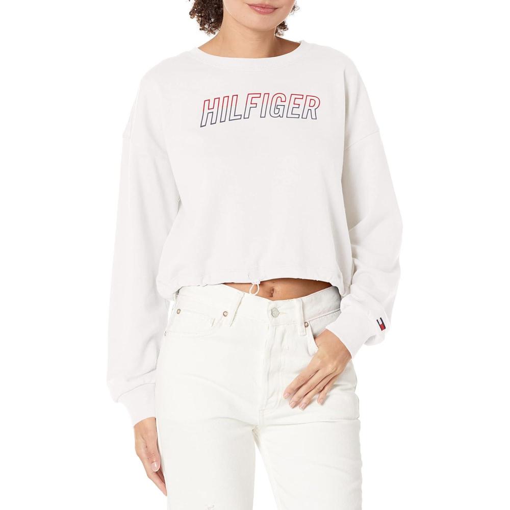 imageTommy Hilfiger Womens Two Tone Logo Crewneck Drawcord Hem SweatshirtWinter White