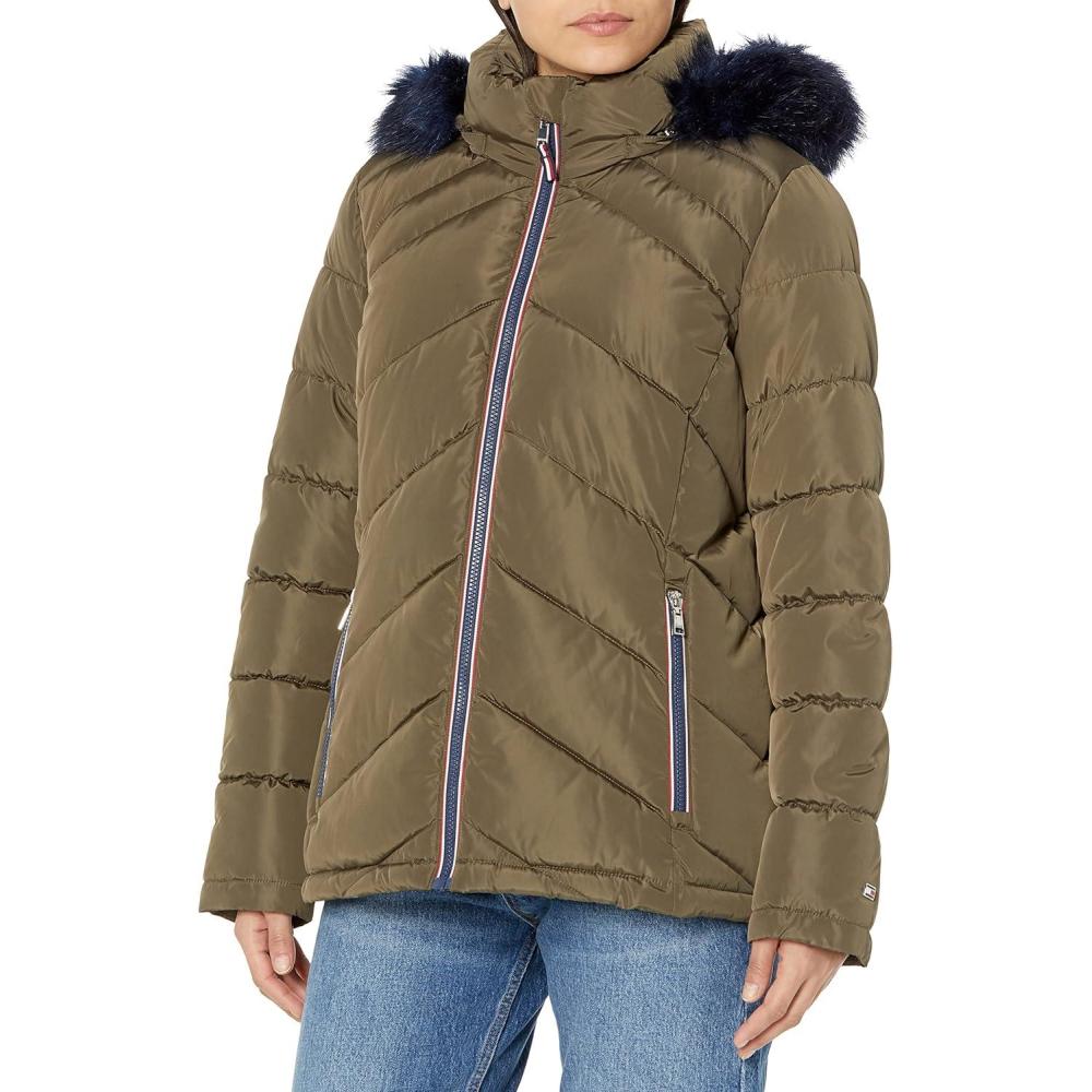 imageTommy Hilfiger womens Contrast Zipper Fur Hood Short Puffer JacketChevron Juniper