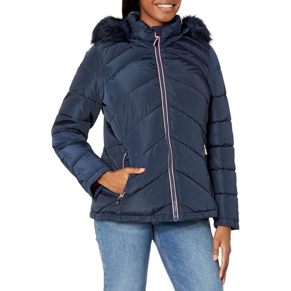 imageTommy Hilfiger womens Contrast Zipper Fur Hood Short Puffer JacketNavy