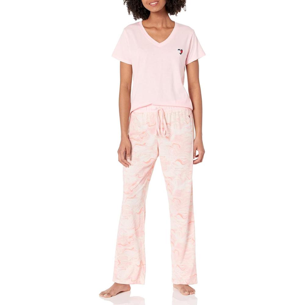 imageTommy Hilfiger womens Womens Top and Logo Pant Lounge Bottom Pj Pajama Set Allover Tommy W Flag Large USMarble