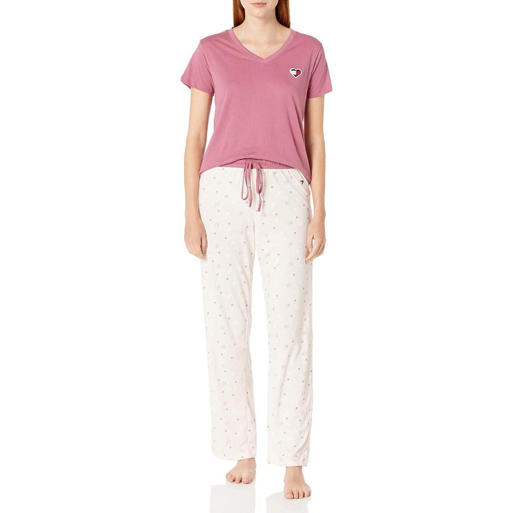 imageTommy Hilfiger womens Womens Top and Logo Pant Lounge Bottom Pj Pajama Set Allover Tommy W Flag Large USMetro Mauve Script Th and Florals Pastal Pink