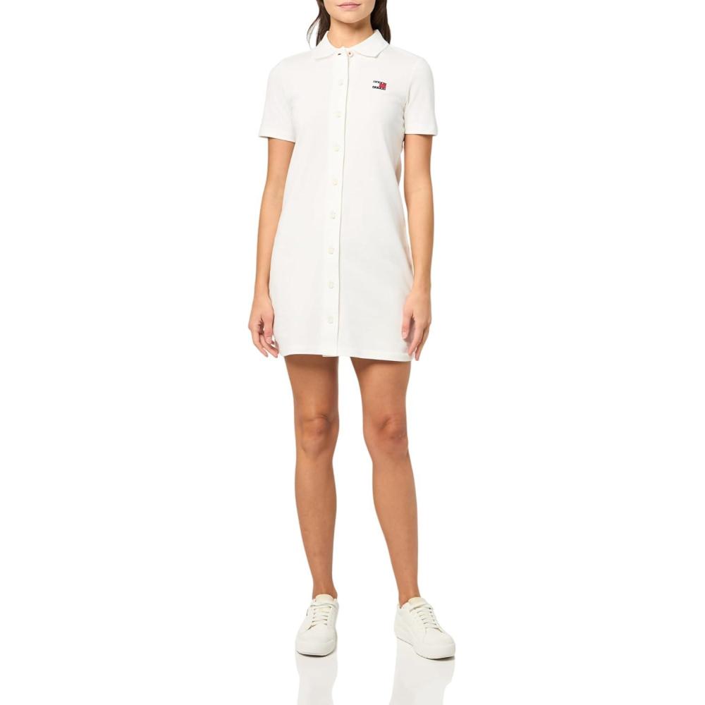 imageTommy Jeans Womens Casual Mini Polo Shirt Dress with Logo DetailEcru