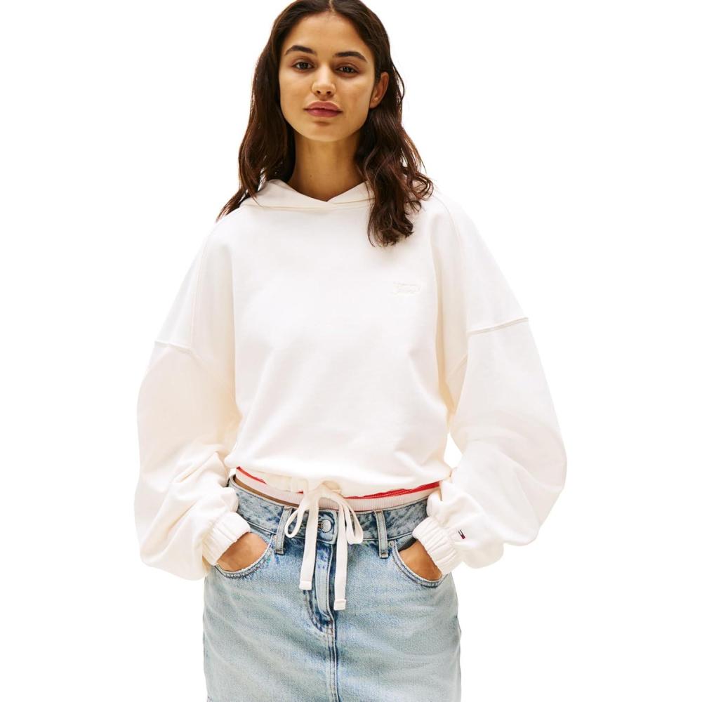 imageTommy Jeans Womens Medium Weight Cropped Hoodies With Front Tie DetailAncient White