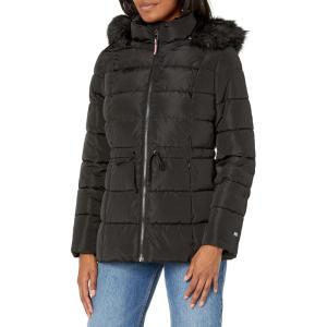 TOMMY HILFIGER womens Fur Hood Zip Up Short Puffer Jacket(Black)