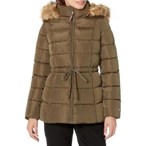 TOMMY HILFIGER womens Fur Hood Zip Up Short Puffer Jacket(Juniper Brown)
