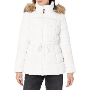 TOMMY HILFIGER womens Fur Hood Zip Up Short Puffer Jacket(White Shade)