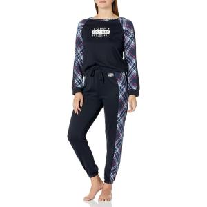Tommy Hilfiger Hacci Long Sleeve Top and Jogger Bottom Pant Pajama Set Women’s(Tommy Tartan Logo Plaid)