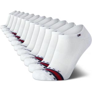 Tommy Hilfiger Men’s Athletic Socks – Cushion No Show Socks (12 Pack)(White/Black Stripe)
