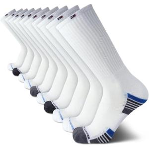 Tommy Hilfiger Mens Crew Socks – 10 Pack Moisture Wicking Cushioned Crew Running Socks for Men for Sports & Workout(White Multi)