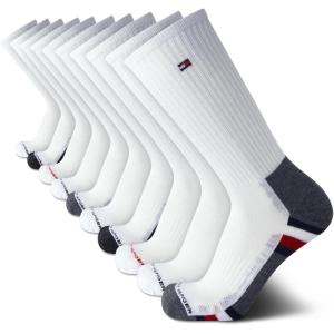 Tommy Hilfiger Mens Crew Socks – 10 Pack Moisture Wicking Cushioned Crew Running Socks for Men for Sports & Workout(White/Red Stripe)