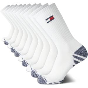 Tommy Hilfiger Mens Crew Socks – 10 Pack Moisture Wicking Cushioned Crew Running Socks for Men for Sports & Workout(White/White)