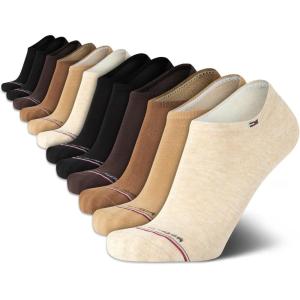 Tommy Hilfiger Mens No Show Socks – 10 Pack Cotton Blend Performance Stretch Athletic Invisible Liner Low Cut Socks for Men(Brown Multi (12pk))