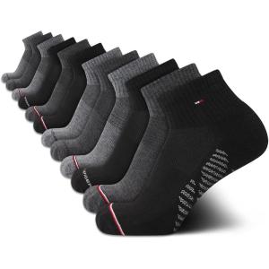 Tommy Hilfiger Mens Quarter Socks – 12 Pack Cotton Blend Athletic Performance Cushioned Ankle Socks for Men with Arch Support(Black Grey Multi)