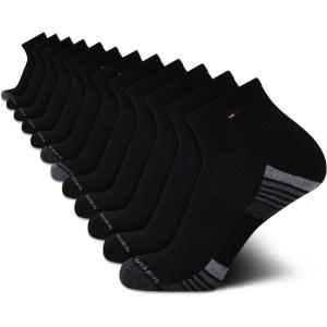Tommy Hilfiger Mens Quarter Socks – 12 Pack Cotton Blend Athletic Performance Cushioned Ankle Socks for Men with Arch Support(Black Grey Stripe)