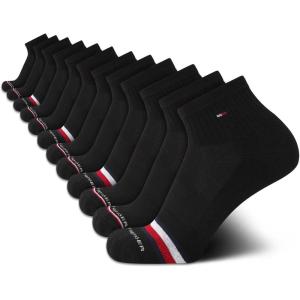 Tommy Hilfiger Mens Quarter Socks – 12 Pack Cotton Blend Athletic Performance Cushioned Ankle Socks for Men with Arch Support(Coal Black)
