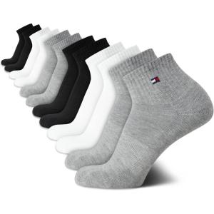 Tommy Hilfiger Mens Quarter Socks – 12 Pack Cotton Blend Athletic Performance Cushioned Ankle Socks for Men with Arch Support(Grey/Wh/Black)