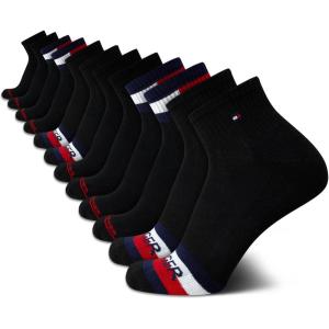 Tommy Hilfiger Mens Quarter Socks – 12 Pack Cotton Blend Athletic Performance Cushioned Ankle Socks for Men with Arch Support(Premium Black)