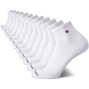 Tommy Hilfiger Mens Quarter Socks – 12 Pack Cotton Blend Athletic Performance Cushioned Ankle Socks for Men with Arch Support(White Flag)