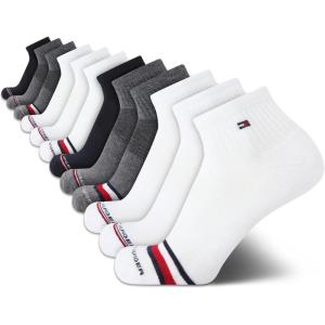 Tommy Hilfiger Mens Quarter Socks – 12 Pack Cotton Blend Athletic Performance Cushioned Ankle Socks for Men with Arch Support(White Multi)