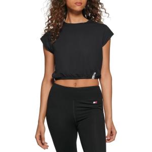 Tommy Hilfiger Womens Cap Sleeve Crewneck Elastic Waist Cropped T-Shirt(Black)