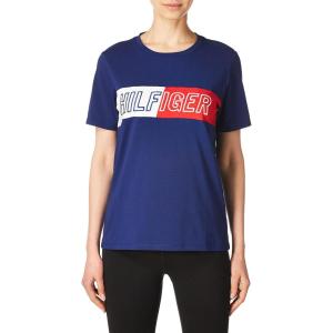 Tommy Hilfiger Womens Cap Sleeve Crewneck Elastic Waist Cropped T-Shirt(Deep Blue 02)
