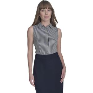 Tommy Hilfiger Womens Classic Collared Button Front Sleeveless-Knit Top(Midnight/ Ivory)