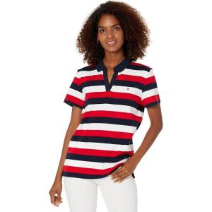 Tommy Hilfiger Womens Classic Short Sleeve Core Pique Polo (Standard and Plus Size)(Sky Captain  Bright White  Scarlet)