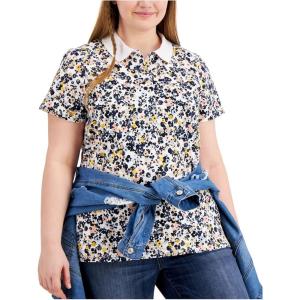 Tommy Hilfiger Womens Classic Short Sleeve Core Pique Polo (Standard and Plus Size)(Tompkins Park- Bright White Multi)