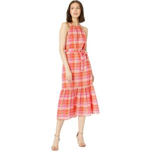 Tommy Hilfiger Women’s Halter Neck Tie Waist Tiered Midi Dress(Grenadine/Hot Pink)