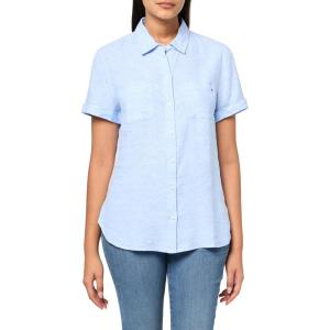 Tommy Hilfiger Womens Linen Pocket Logo Camp Shirt(Light Blue/White)