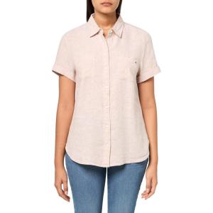 Tommy Hilfiger Womens Linen Pocket Logo Camp Shirt(Sand/White)