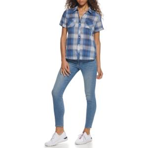 Tommy Hilfiger Womens Linen Pocket Logo Camp Shirt(True Blue Multi)