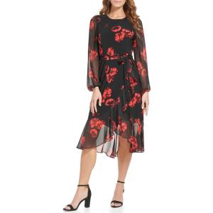 Tommy Hilfiger Womens Long Sleeve Trapeze Dress(Black/Scarlet)
