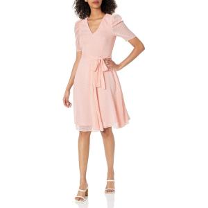 Tommy Hilfiger Women’s Puff Sleeve V-Neck Tie Waist Chiffon Mini Dress(Ballrina Pink)
