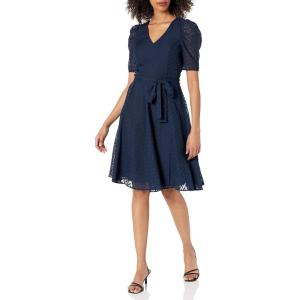 Tommy Hilfiger Women’s Puff Sleeve V-Neck Tie Waist Chiffon Mini Dress(Sky Captain)