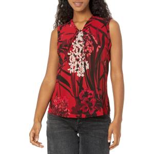 Tommy Hilfiger Womens Sleeveless Knot Blouse – Business Casual Women’s Tops with Knotted Neckline(Chili Multi)