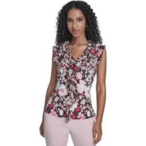 Tommy Hilfiger Women’s Sleeveless Mix Media Ruffle Front Blouse(Chicory Multi)