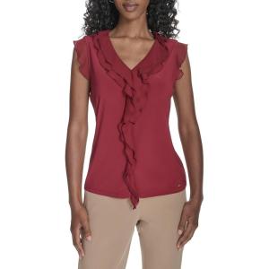 Tommy Hilfiger Women’s Sleeveless Mix Media Ruffle Front Blouse(Crimson)