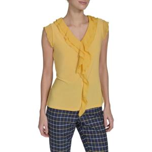 Tommy Hilfiger Women’s Sleeveless Mix Media Ruffle Front Blouse(Deep Maize)