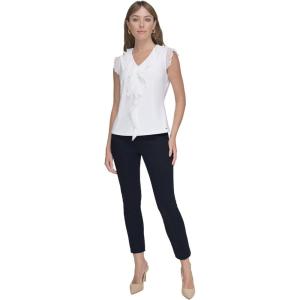 Tommy Hilfiger Women’s Sleeveless Mix Media Ruffle Front Blouse(Ivory)