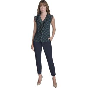 Tommy Hilfiger Women’s Sleeveless Mix Media Ruffle Front Blouse(Midnight/Forest)