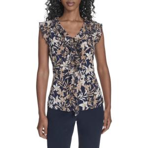 Tommy Hilfiger Women’s Sleeveless Mix Media Ruffle Front Blouse(Midnight/Tigers Eye)