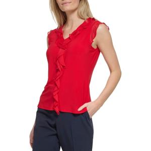 Tommy Hilfiger Women’s Sleeveless Mix Media Ruffle Front Blouse(Scarlet)