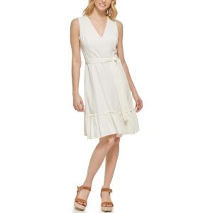 Tommy Hilfiger Womens Sleeveless V-Neck Ruffle Hem Tie Waist Mini Dress(Ivory)