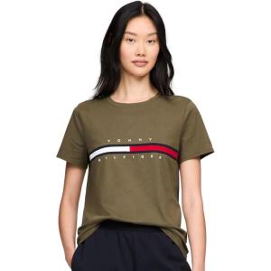 Tommy Hilfiger Women’s Striped Logo Graphic T-Shirt(Embroidered-flag Army Green.)
