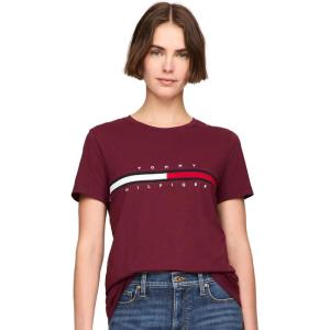 Tommy Hilfiger Women’s Striped Logo Graphic T-Shirt(Embroidered-flag Deep Rouge.)