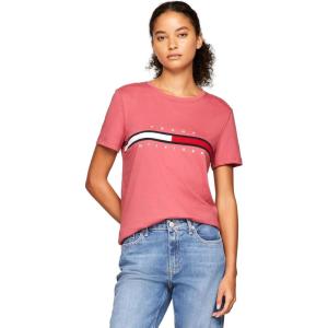 Tommy Hilfiger Women’s Striped Logo Graphic T-Shirt(Embroidered-flag Light Crimson)